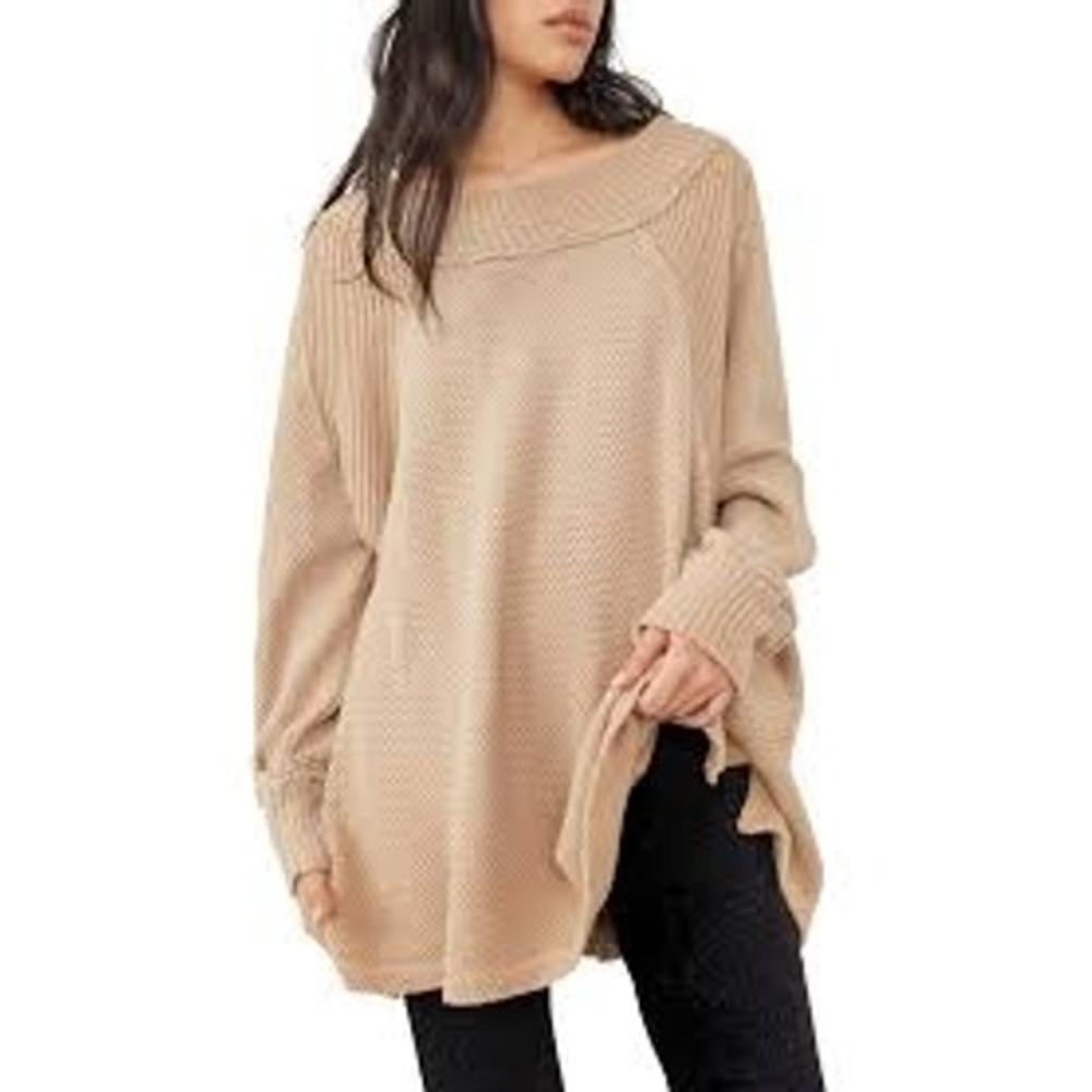 Free People Womens Sweater XS Tan Shes A W.OW. CAS Waffle Knit Mock Neck Tunic